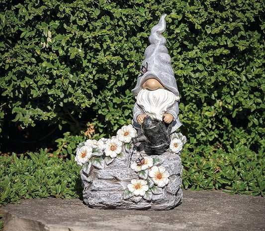 Roman, 13.5" H Gnome and Flowers Garden Fountain, Outdoor Decor, Decorative Garden Statue