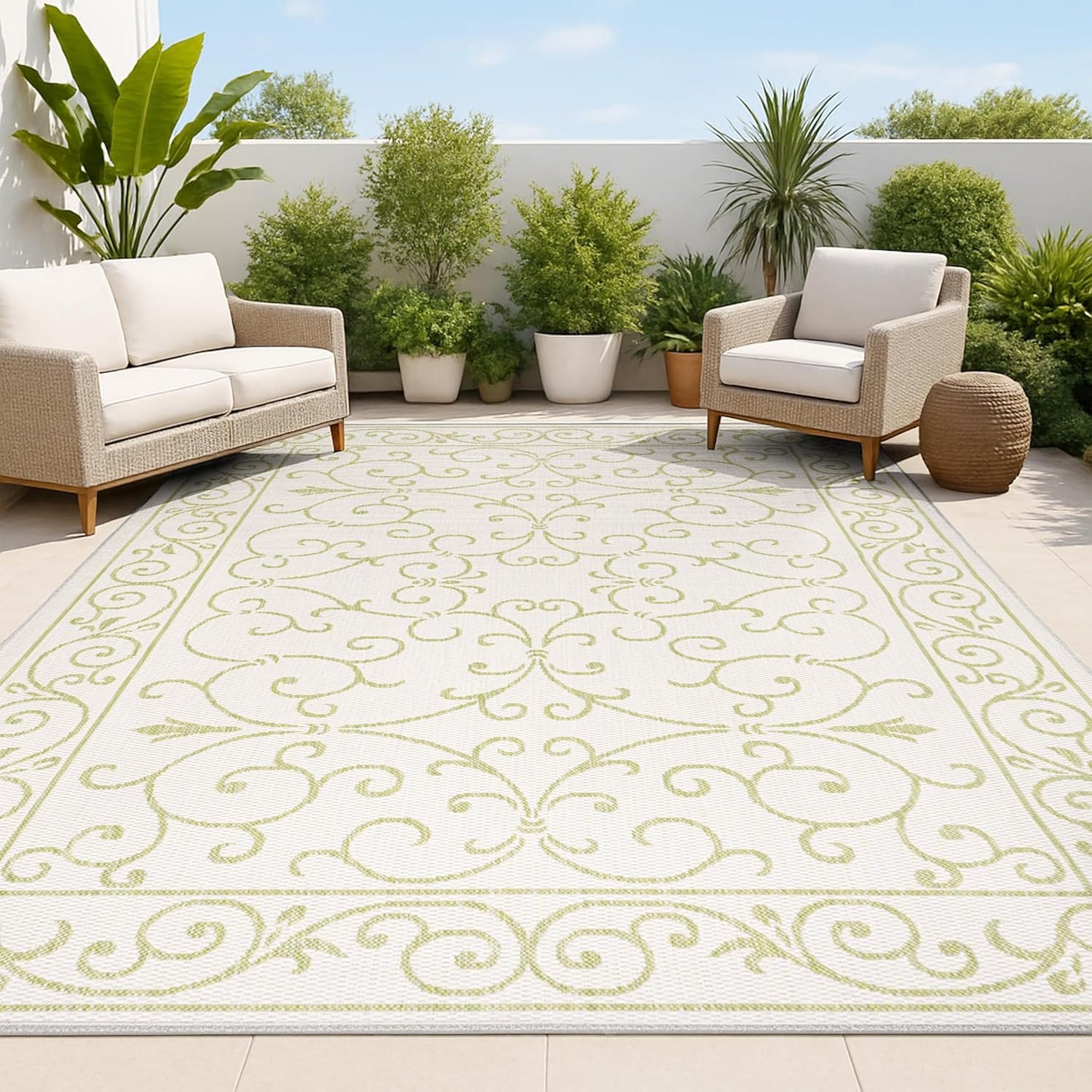JONATHAN Y SMB106I-8 Charleston Vintage Filigree Textured Weave Indoor Outdoor Area Rug, Bohemian Coastal Traditional Easy Cleaning,Bedroom,Kitchen,Backyard,Patio,Non Shedding, 8 X 10, Cream/Green