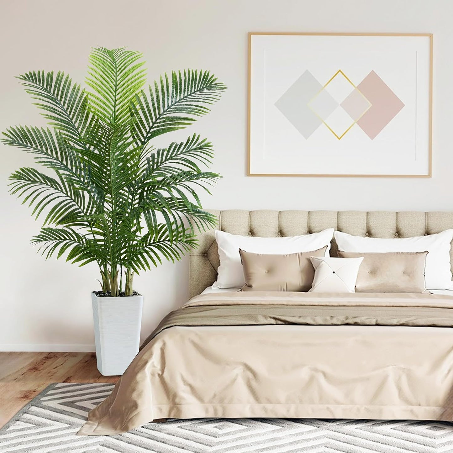 Artificial Palm Tree：5FT Tropical Fake Silk Plant UV Resistant Faux Areca Palm with White Planter & Black Pebbles for Home Office Living Room Decor Indoor Patio Porch Balcony (5FT,1-Pack,White)