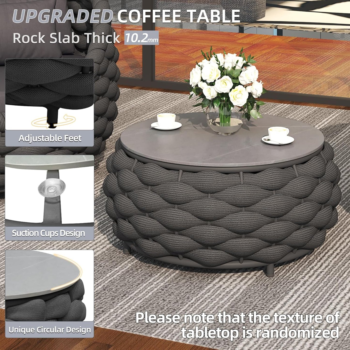 6 Pieces Patio Furniture Set, Outdoor Rope Conversation Sectional Patio Sofa with 6 Seater for Backyard, Porch, Modern Armchairs with Thickness Cushions and Side Table, Dark Grey