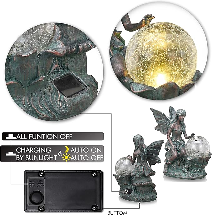 TERESA'S COLLECTIONS Fairy Garden Statues with Solar Outdoor Light for Outdoor Decor, Fairy Valentines Decorations Garden Decor Resin Sculptures with Crackle Glass Globe,Gifts for Mom Yard Decor,11.8"