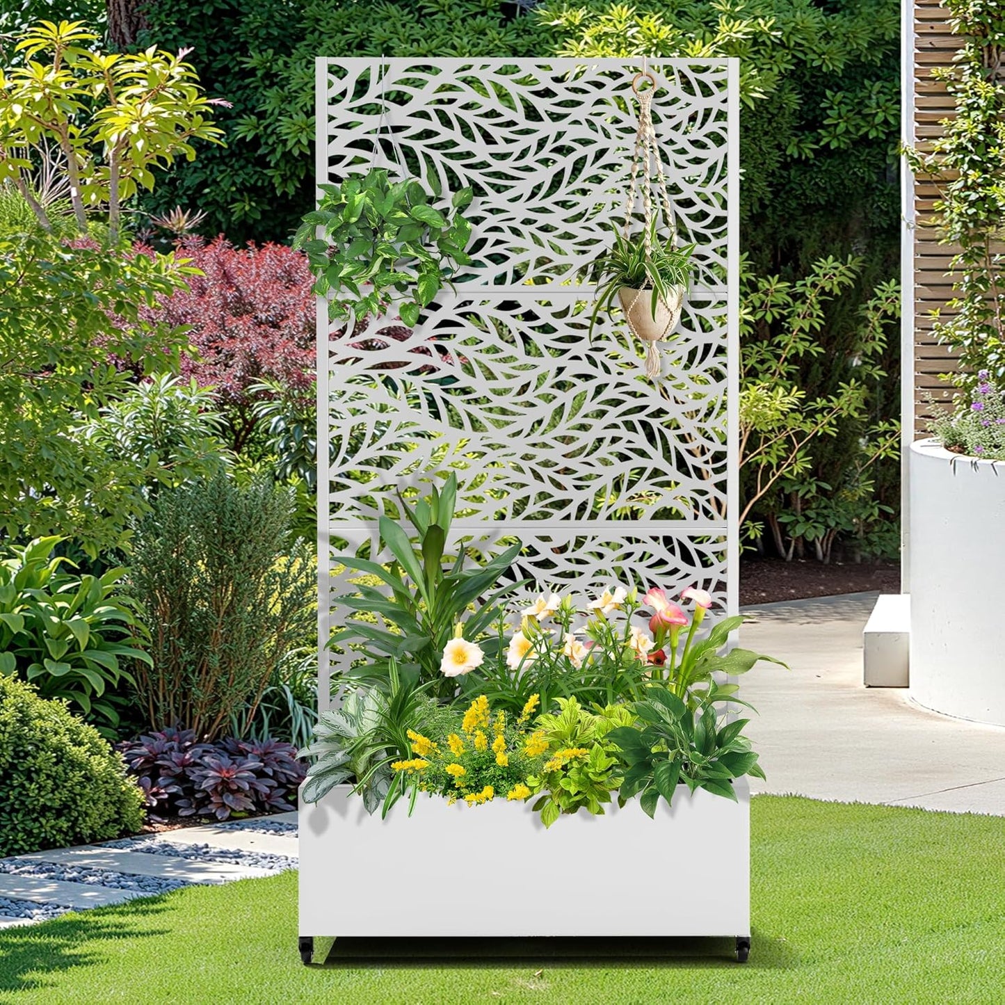 FENCY Metal Raised Garden Bed with Wheels and Trellis,73"x35"x16" Planter Box for Climbing Plants, Vegetables & Vines, Features Privacy Screen and Drainage Holes (White-Leaf)