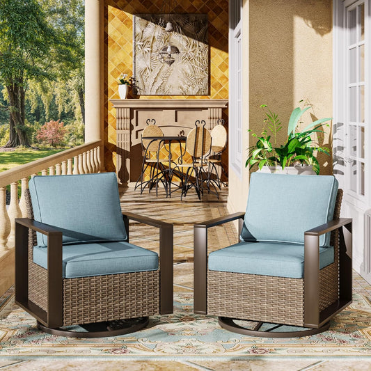 Outdoor Swivel Patio Metal Chairs Set of 2 - Porch Furniture 2 Pieces 360 Degree Glider Rockers Rattan Chairs with Washable Cushion & Metal Steel Rectangular Framed Armrest, Baby Blue