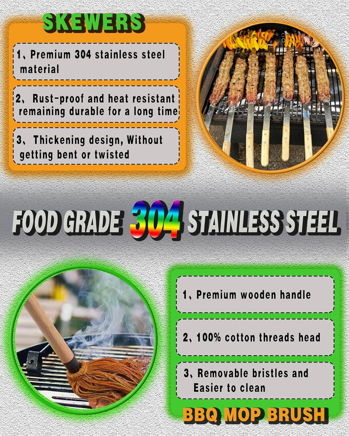 23.5" Long Kabob Skewers,1 Inch Wide 304 Stainless Steel Barbecue Skewers for Grilling with Wooden Handle,Metal Flat BBQ Skewer for Koubideh Brazilian Shish Kebab Skewer(8),BBQ Mop Brush(1)