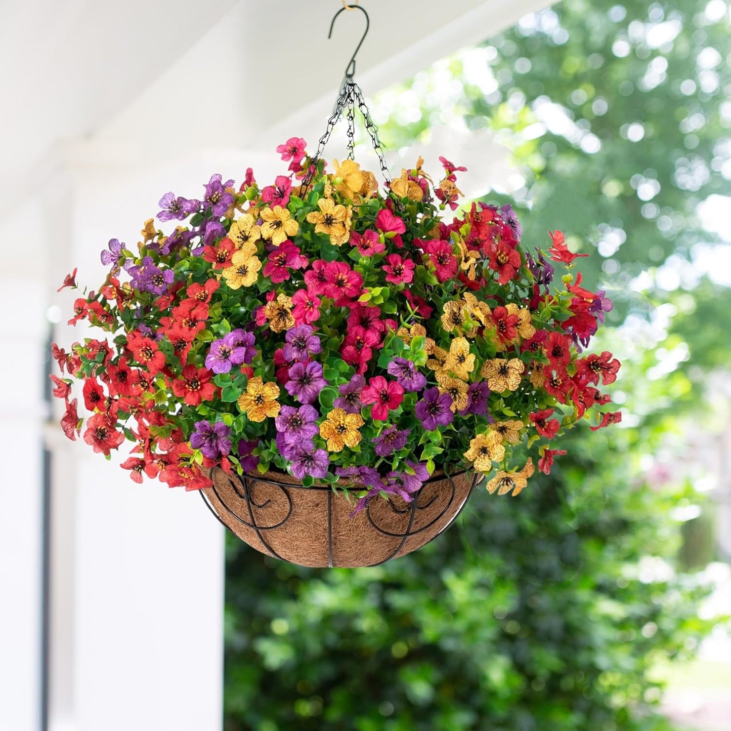 Artificial Faux Hanging Plants Flowers Basket for Summer Outdoor Outside Decoration, Fake Silk UV Sun Resistant Look Real Colorful Daisy Eucalyptus for Porch Home Patio Balcony Yard