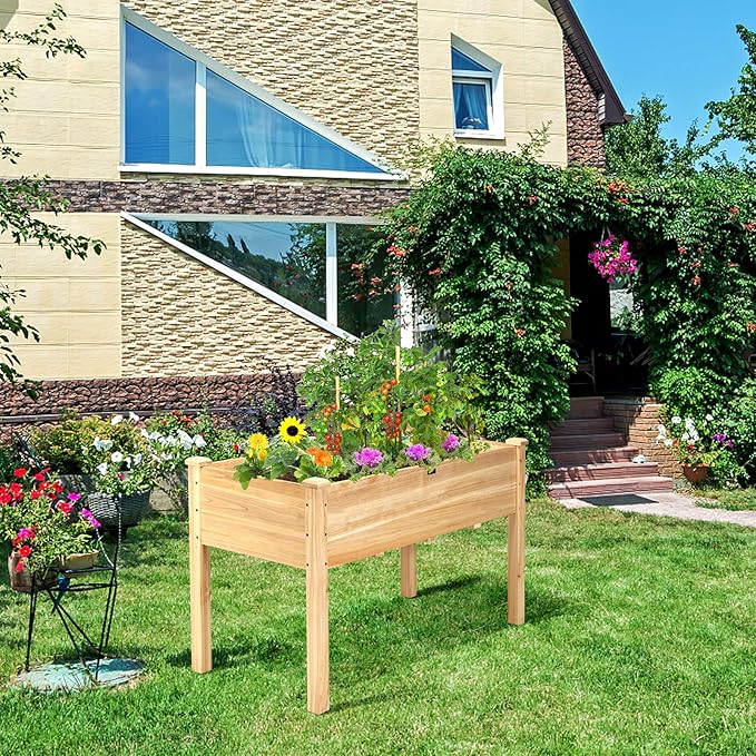 Giantex Raised Garden Bed Kit Elevated Planter Box for Vegetables Fruits Herb Grow, Heavy Duty Natural Cedar Wood Frame Gardening Planting Bed for Deck Patio Yard, 49.5"X23.5"X30.0"