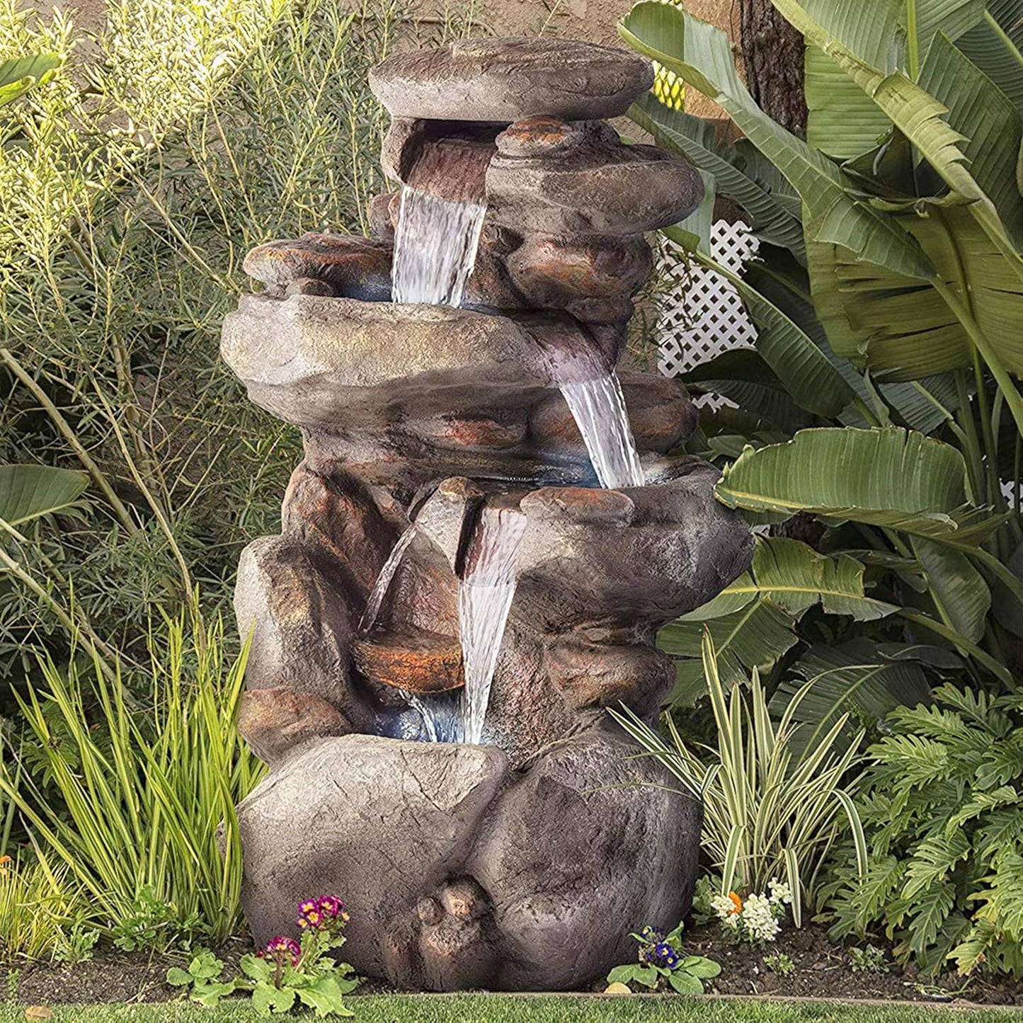 Alpine Corporation WIN316 40" Floor Fountain – 4-Tiered Rock Water Feature with Cascading Streams & White LED Lights – Tranquil Outdoor Décor for Garden, Patio, Yard, Deck, or Porch, Light Gray