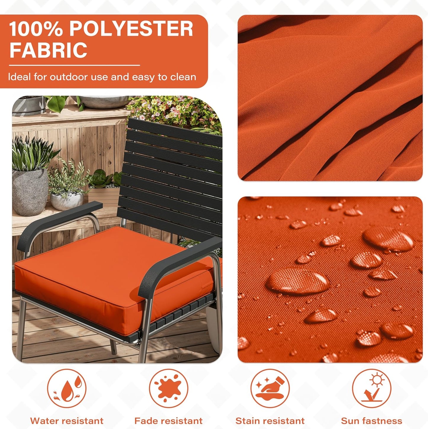 Patio Chair Cushions 18.5 X 16 X 4 Inch Waterproof Outdoor Seat Cushions for Patio Furniture, Outdoor Sofa Couch Pads with Ties & Handle, Set of 2, Orange