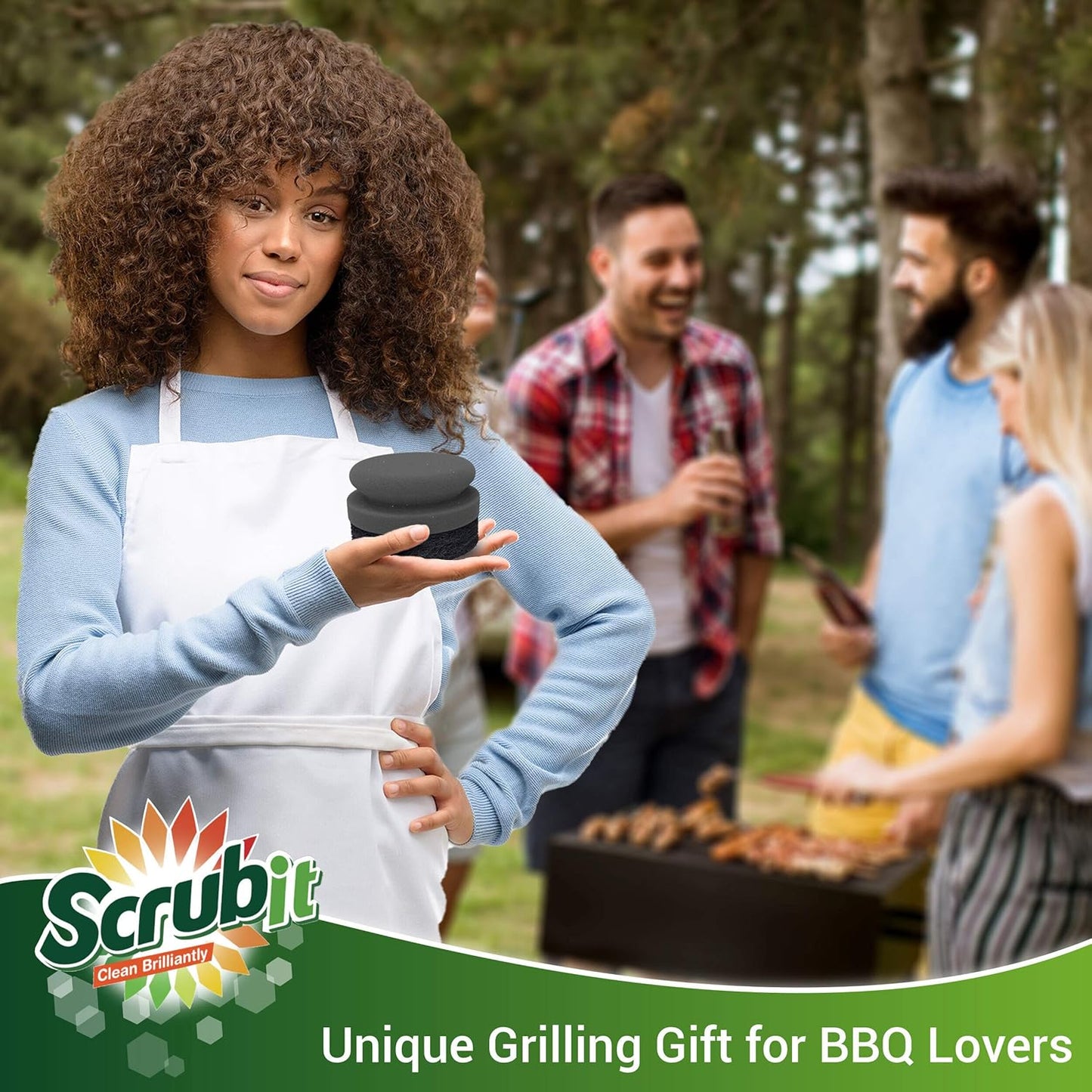 SCRUBIT Grill Cleaning Brush - Grill Sponge Bristle Free BBQ Cleaner with Heavy Duty Scrubber Pad, Safe Cast Iron and Griddle Scraper Pads, Ideal Accessories for Charcoal and Gas Grills - 2 Pack