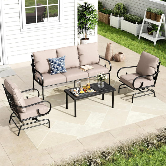 MFSTUDIO 5 Seats Large Metal Patio Conversation Sets, 4 Pieces Outdoor Patio Furniture Sofa with 2 Motion Chairs, 1 3-seat Sofa and Table for Outside Balcony Backyard Poolside