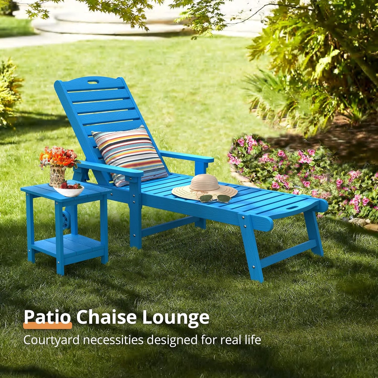 LUE BONA Chaise Lounge Chair with Table, 2-Piece, 79'' Oversized HDPS Chaise Lounger, 5 Positions Adjustable Lounge Chairs, Pool Lounge Chair with Wheels for Poolside, Backyard, 3 Year Warranty, Blue