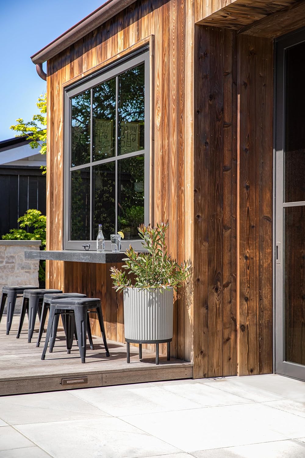 Veradek Demi Series Round Planter w/Stand for Porch/Patio | Durable Plastic-Stone Composite & Wooden Stand | Modern Décor for Tall Plants, Flowers