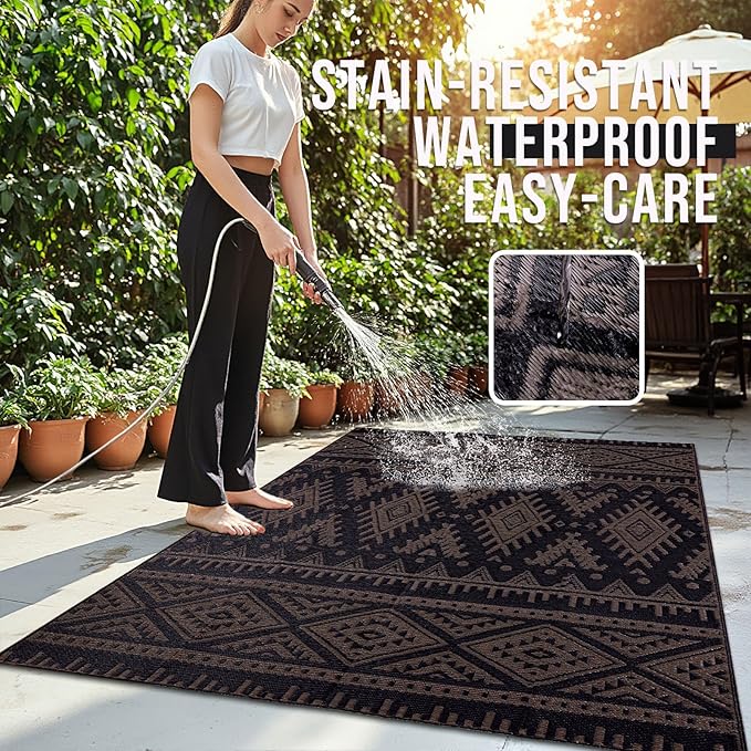 OLANLY Outdoor Rug Waterproof 5x8 ft, Reversible Outdoor Plastic Straw Rug, Boho Patio Rug, Indoor Outdoor Carpet, RV Mat Outside for Patio, Camp, Picnic, Balcony, Deck, Backyard, Black & Brown