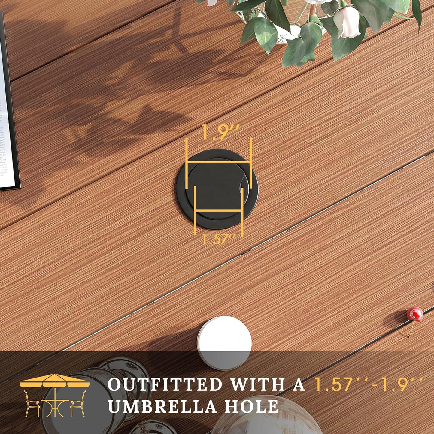 VICLLAX 47.2" Outdoor Round Patio Table for Lawn Garden, All Weather Metal Round Outdoor Dining Table with Adjustable Umbrella Hole, 6 Person Patio Table, Walnut Wood-Like Tabletop