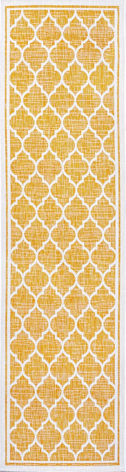 Eyely BMS109F-210 Santa Monica Trebol Moroccan Trellis Textured Weave Indoor/Outdoor Runner Rug Coastal;Bohemian, Bedroom, Backyard, Patio, Easy-Cleaning, Non-Shedding, 2 X 10, Yellow/Cream