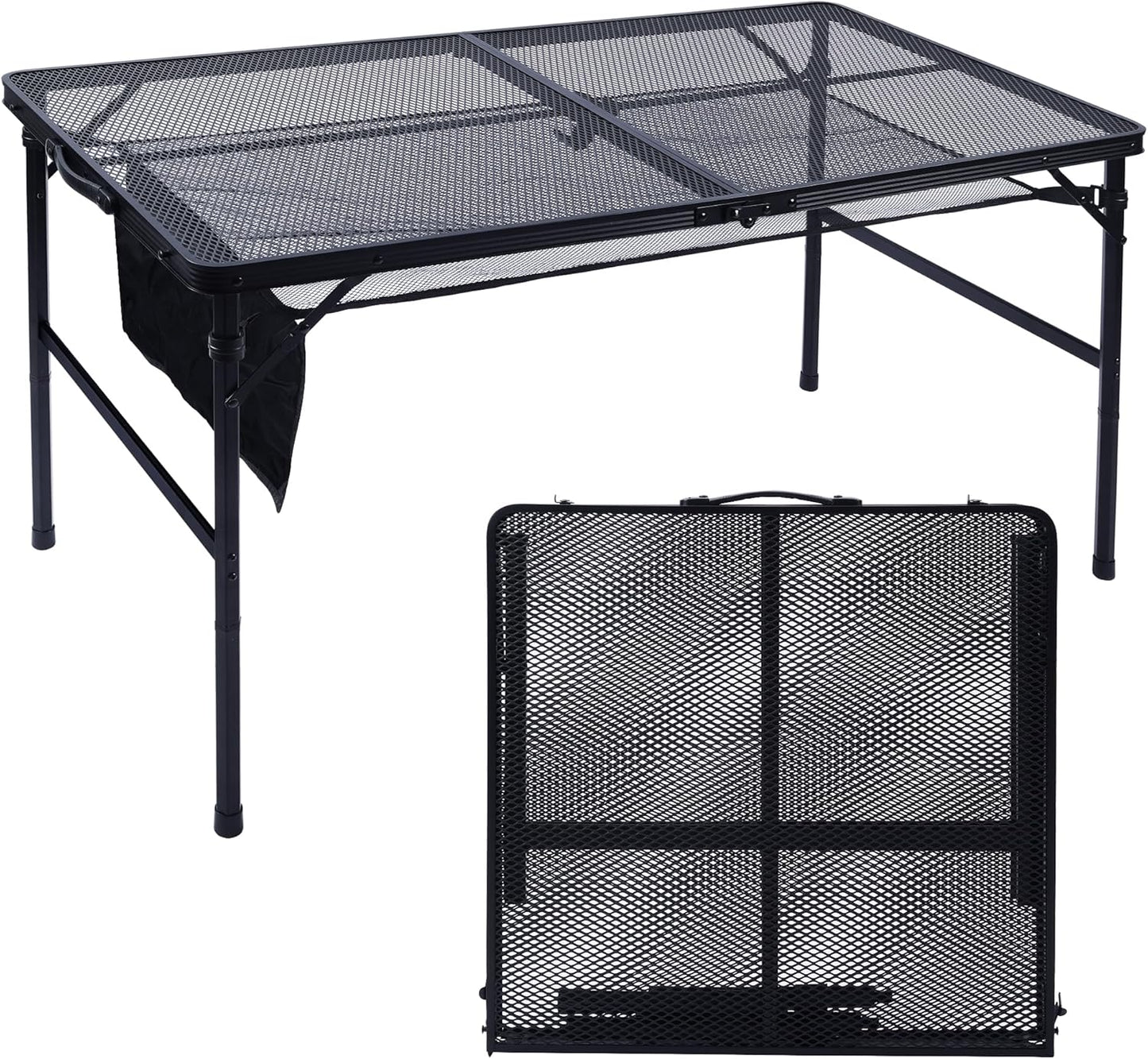 Folding Grill Table, 4x2 FT Portable Camping Table, Lightweight Height Adjustable Metal Tables with Mesh Desktop and Mesh Bag, Outdoor Tables for Camping, Picnic, Beach and BBQ, Black