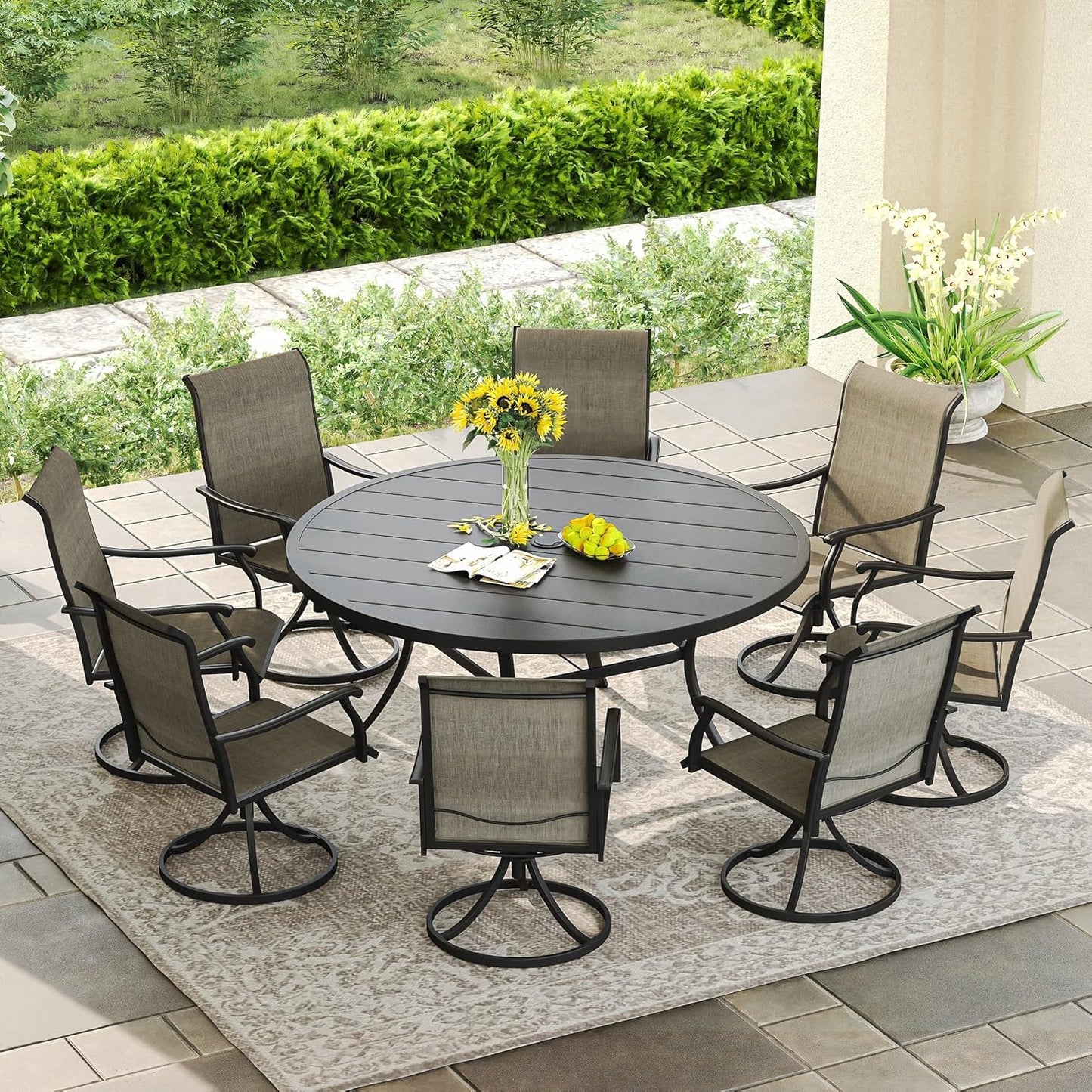 DIFY Patio Round Dining Table, 53" All Weather Round Outdoor Table with 1.57" Umbrella Hole for 8 Person, Perfect for Yard, Balcony and Lawn, Black Tabletop