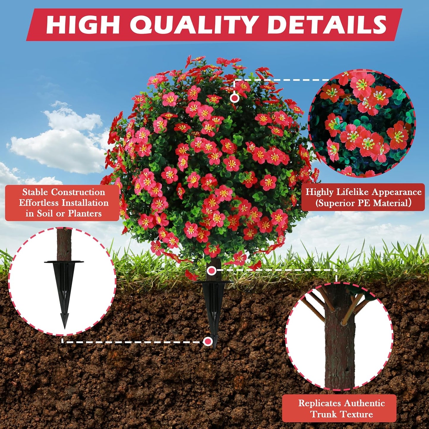 Sunnyglade Set of 2 Artificial Boxwood Topiary Ball Trees with Red Flower, Faux Shrub Bushes with Ground Spike 25.5", UV Resistant Fake Boxwood Plants for Indoor, Garden, Porch, Patio Decor (Red)