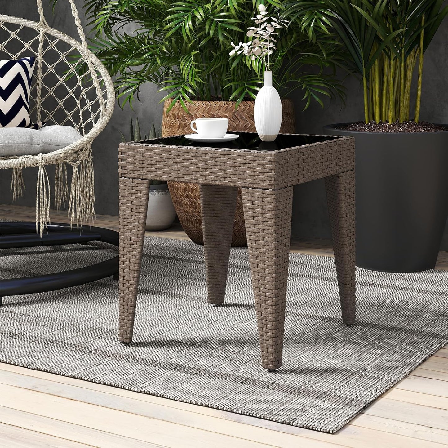 Outdoor Small Patio Table - PE Rattan Coffee Table, Wicker Side Table for Patio, Balcony & Porch, Durable & Iron Frame (2, Rattan Sesame)