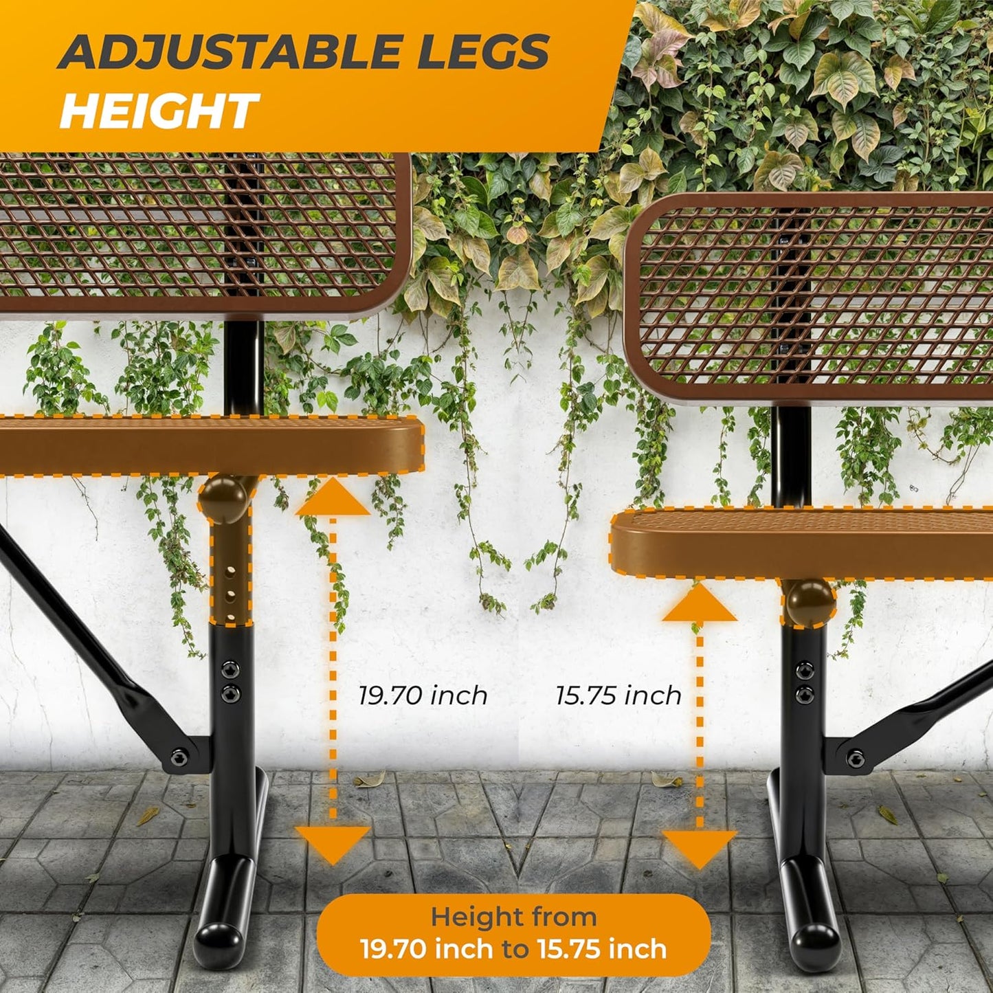 Heavy-Duty Outdoor Metal Bench, Thermoplastic-Coated, Portable, Weatherproof, Commercial-Grade for Parks, Gardens, Patios, Stores & More (6 Ft - Portable with Back, Brown)