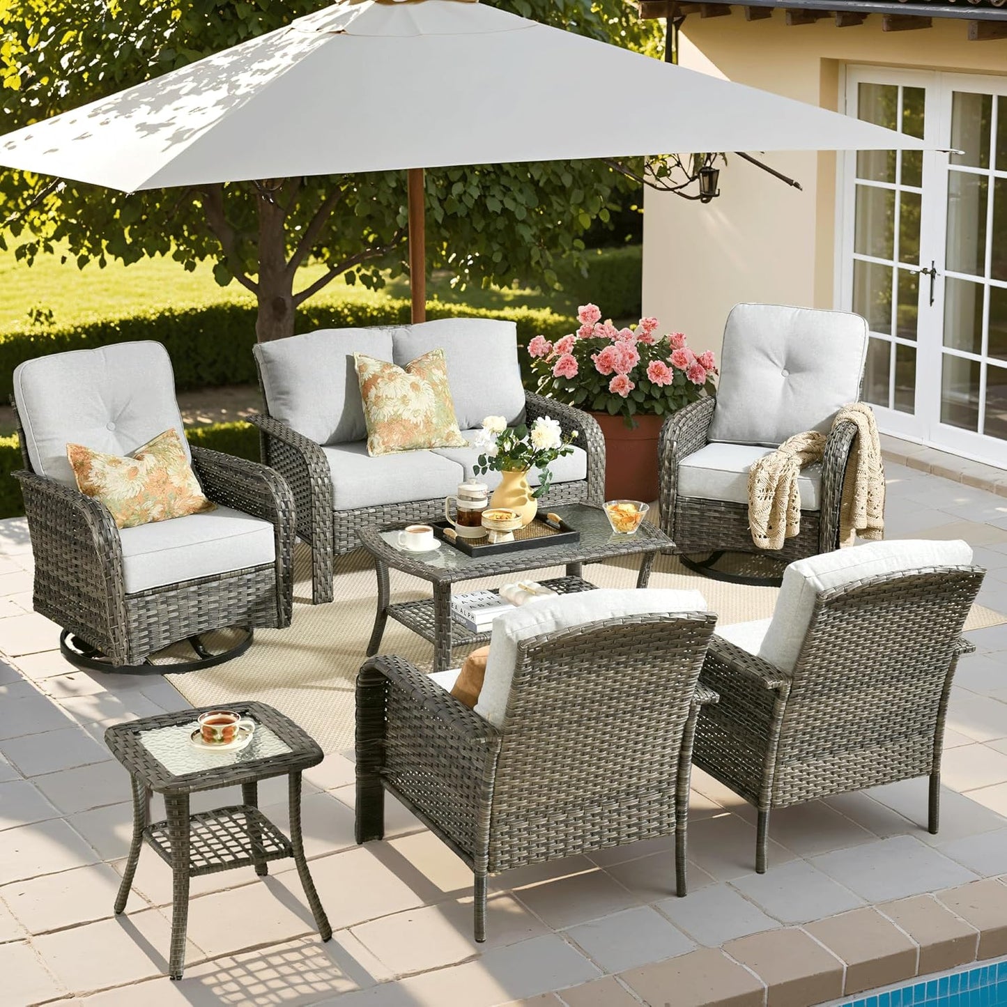 ovios 7 Pieces Patio Furniture Set, Outdoor Wicker Sofa with Swivel Chairs, Coffee Table, All Weather High Back Rattan Loveseat Couch with Comfy Cushions, Grey
