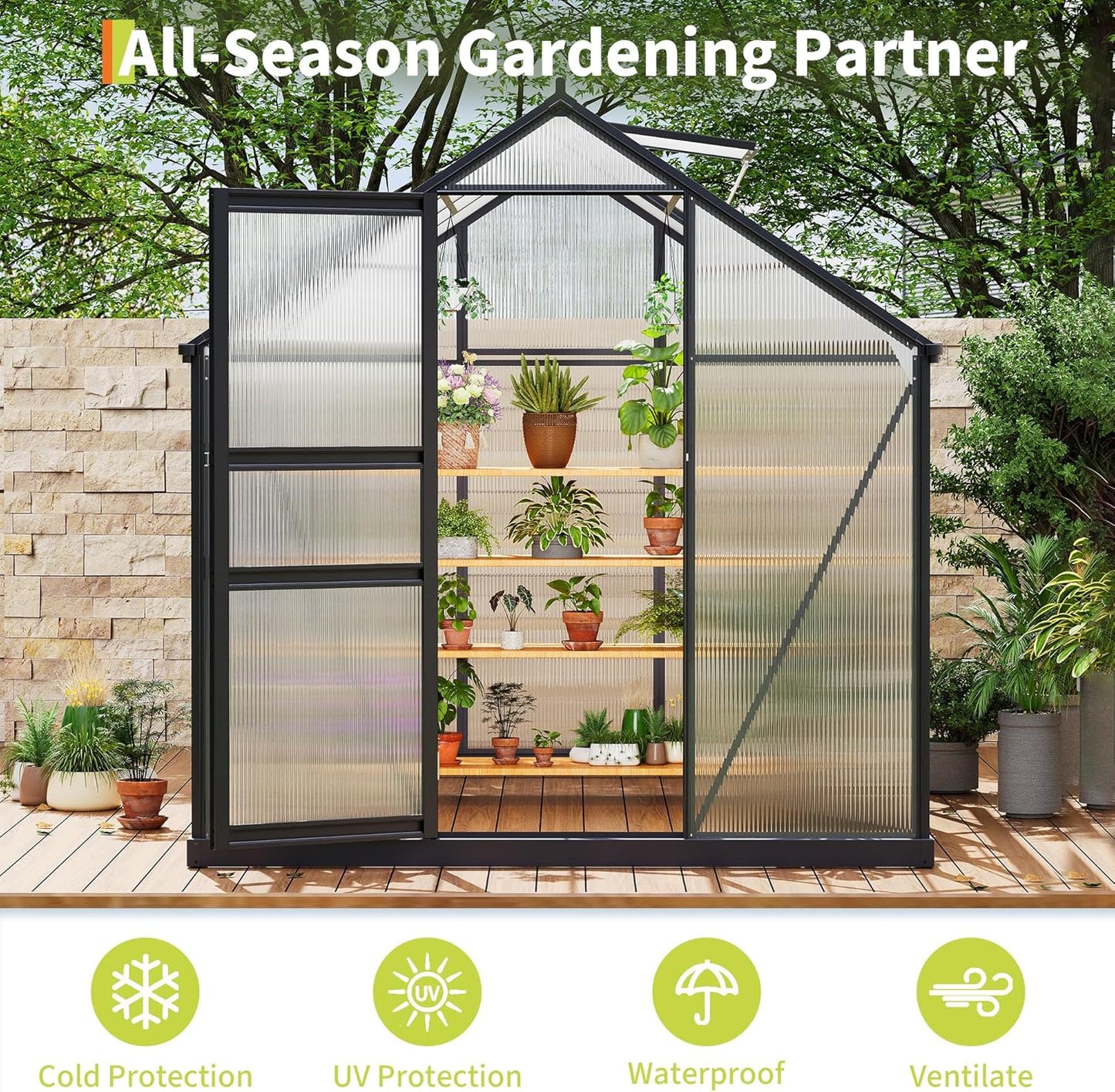 6*8 FT Outdoor Walk-in Greenhouse, Polycarbonate Green House, Heavy Duty Greenhouse with Vented Roof Window, Windproof Aluminum Frame, Suitable for Outside Gardening, Backyard, Patio