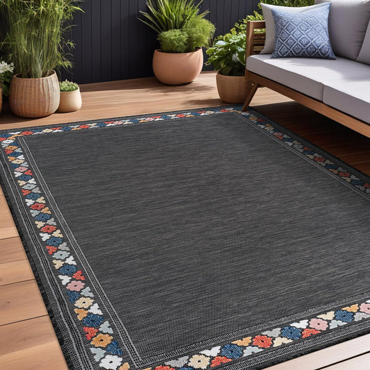 Beverly Rug Outdoor Rug 9x12 Modern Bordered Large Area Rugs for Indoor and Outdoor Patio Easy to Clean Non Shedding Living Room Porch Garden Washable Outside Carpet (9 x 12 Dark Gray)