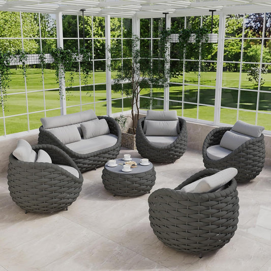 Aluminum Porch Outdoor Furniture Set: 6 Pieces Rope Patio Conversation Sofa Set - Modern Woven Deck Couch Set Cushioned - No Assembly All Weather Seating for 660lbs Yard Garden Lanai Hotel Pool