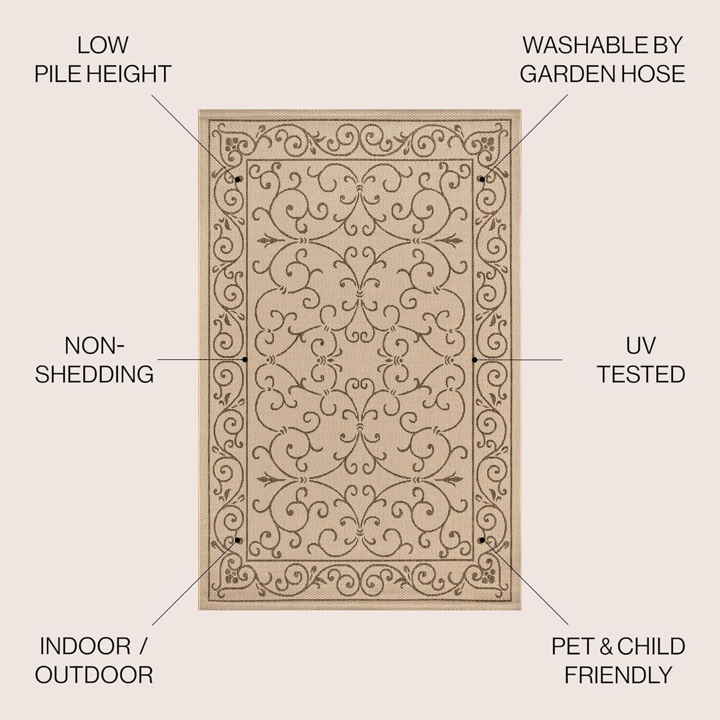 JONATHAN Y SMB106A-9R Charleston Vintage Filigree Textured Weave Beige/Brown 9' Round Indoor/Outdoor Area Rug, Pet Friendly, Non-Shedding, Stain Resistant, Easy-Cleaning for Backyard, Patio, Porch