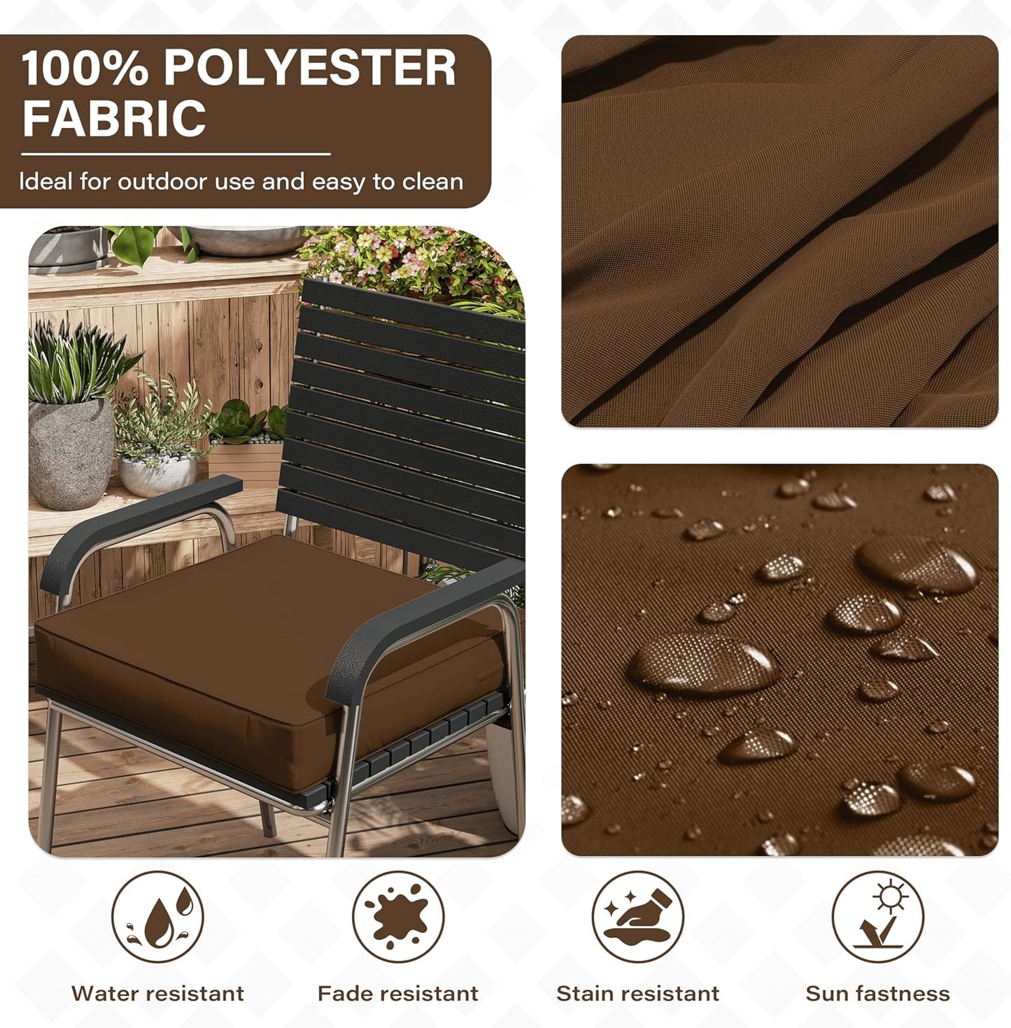 Patio Chair Cushions 19 X 19 X 4 Inch Waterproof Outdoor Seat Cushions for Patio Furniture, Outdoor Sofa Couch Pads with Ties & Handle, Set of 2, Chocolate