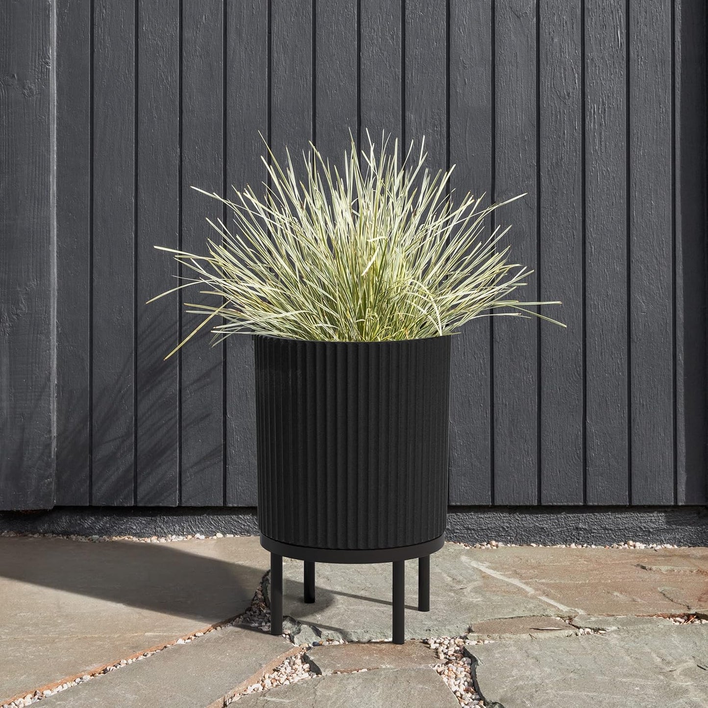 Veradek Demi Series Round Planter w/Stand for Porch/Patio | Durable Plastic-Stone Composite & Wooden Stand | Modern Décor for Tall Plants, Flowers