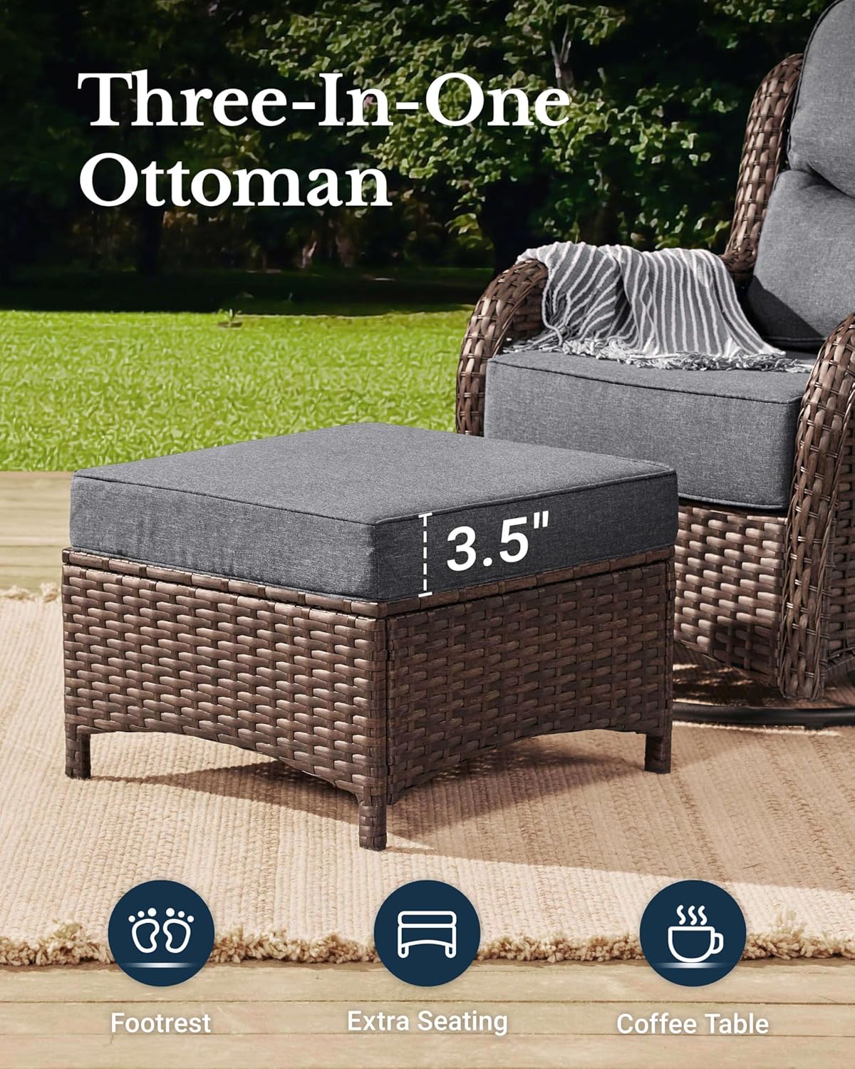 HILLGA Luxury Patio Furniture Set with 6-inch Thick Cushion, Outdoor Couch and High Back Swivel Rocker Patio Chairs, 7PCS Wicker Conversation Set for Deck Yard and Poolside, Dark Grey (V2)