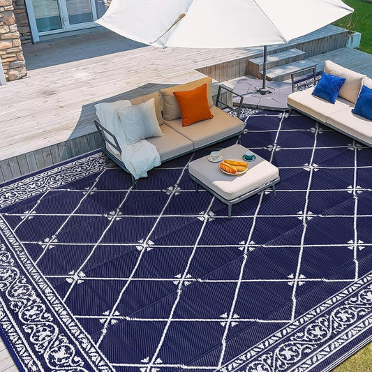 Outdoor Rug 8'x10' for Patios Waterproof Patio Rugs Outdoor Mats for Front Porch,Beach Mat,Reversible Plastic Straw Camping Rugs for Outside RV,Deck,Balcony,Backyard Navy Blue