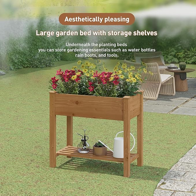 FILWH Raised Garden Bed with Legs Elevated Wooden Planter Box Stand Large Planter Stand Box for Fruits Vegetables Flowers with Divider with Bag - 34x18x30.5IN（Brown）