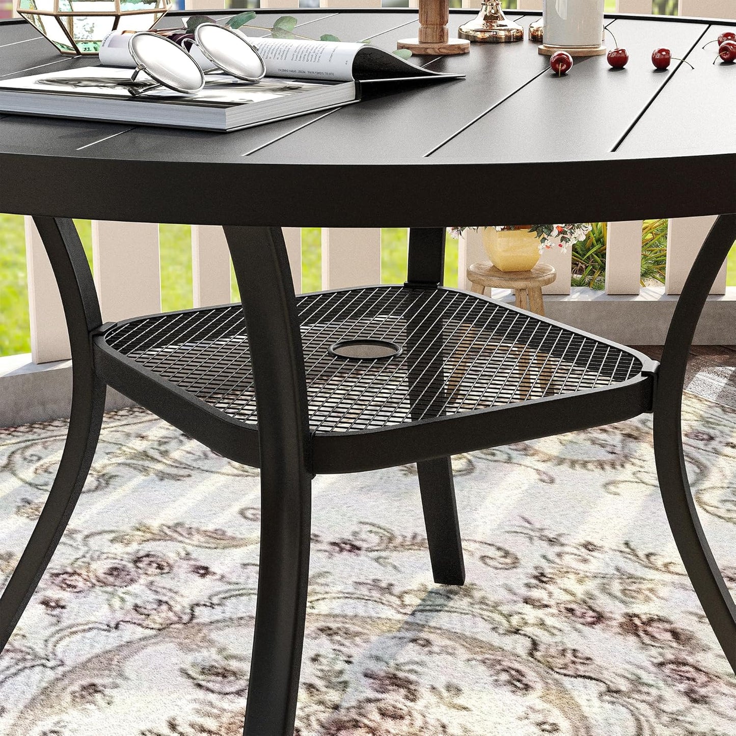 VICLLAX Patio Dining Set for 6, Outdoor Furniture Set Includes 47.2" Round Patio Table and 6 Patio Sling Chairs, Black Tabletop and Grey Fabric
