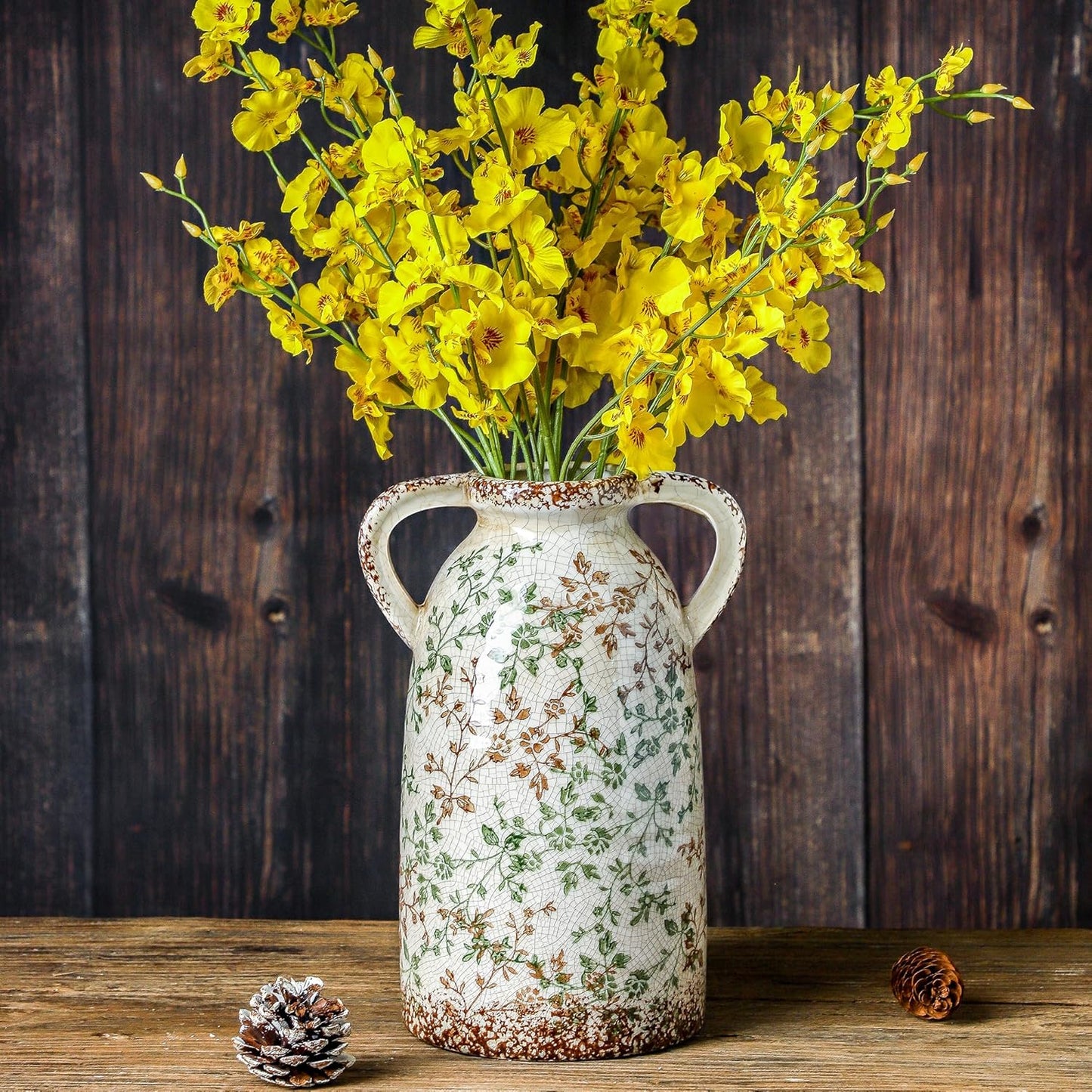 Enra Large Vintage Green and Beige Ceramic Chinoiserie Floral Vase, 11.2 Inch Rustic Decorative Flower Vase for Home, Living Room, Kitchen, or Office – Pastoral Retro Design