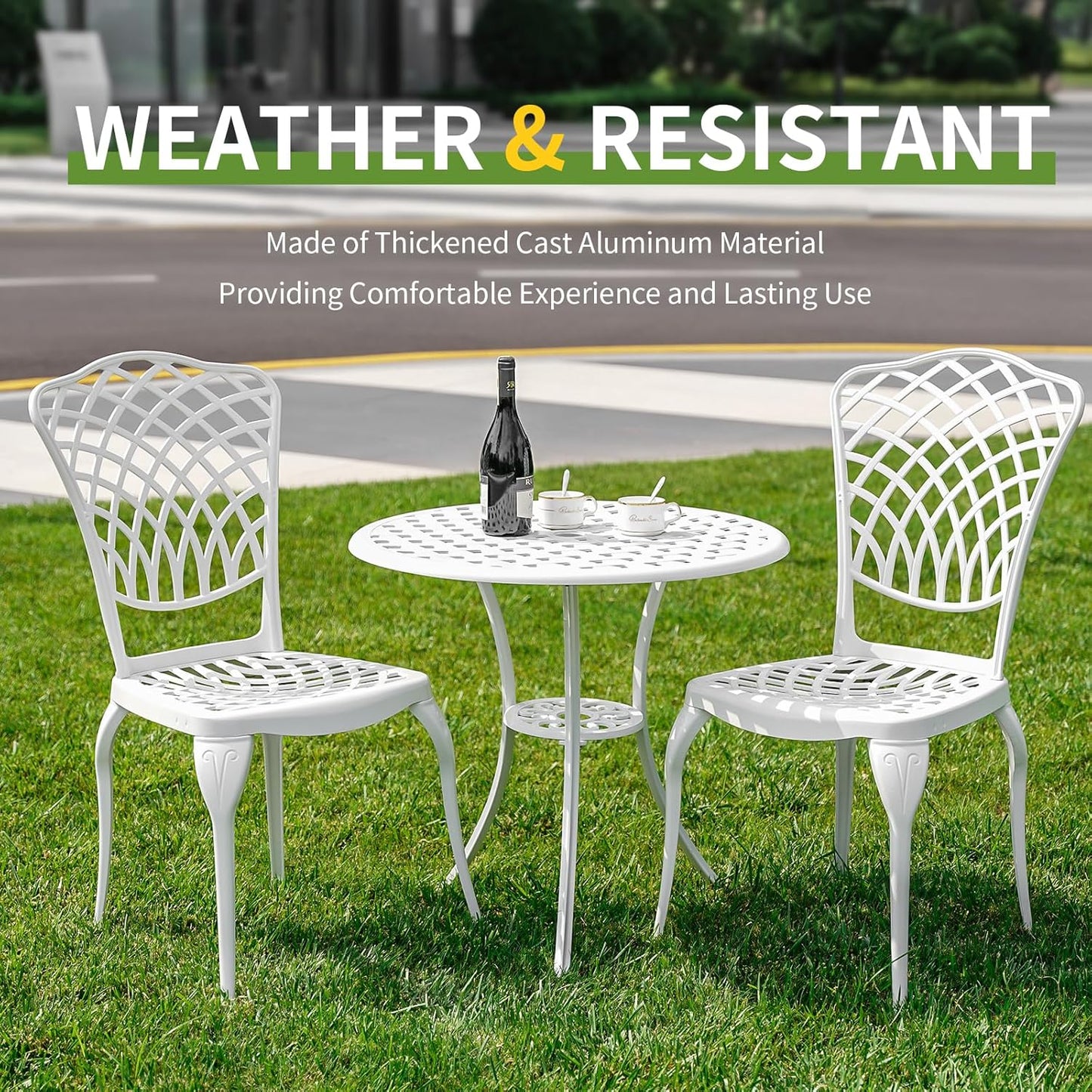 3 Piece Outdoor Bistro Set, Cast Aluminum Outdoor Bistro Table and Chairs Set of 2, Rust-Resistant Patio Furniture Set, White Bistro Set 3 Piece Outdoor for Garden, Backyard, Balcony