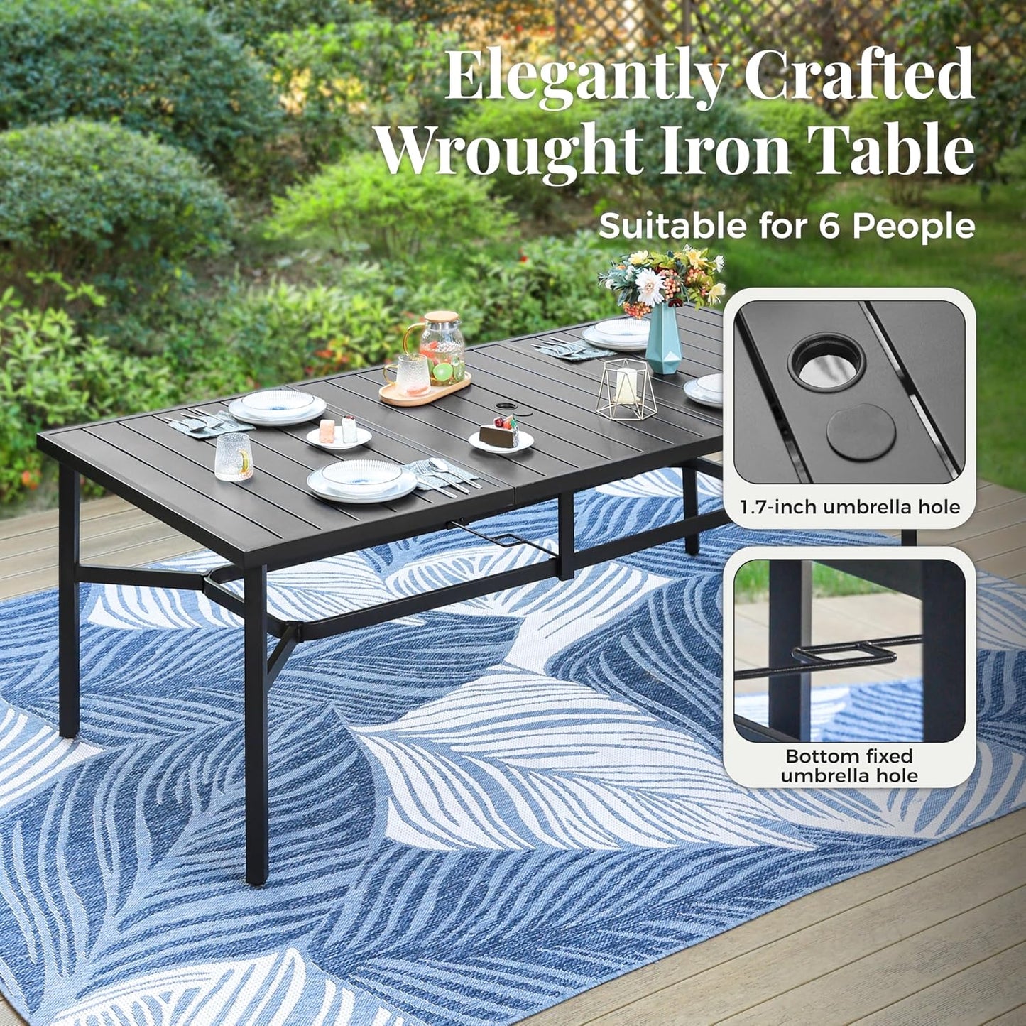 Outdoor Patio Dining Table for 8, 83" x 39" Rectangular Metal Patio Dining Table with 1.7" Umbrella Hole for Garden, Backyard and Porch