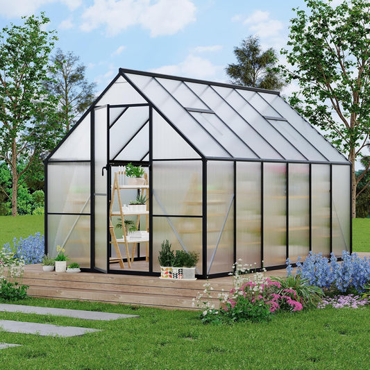 8'x12' Aluminum-Framed Polycarbonate Greenhouse, Heavy Duty Polycarbonate Greenhouse with Quick Setup Structure and Roof Vent, Large Enhanced Aluminum GreenhouseKit for Outdoors