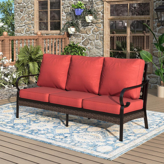 Patio Furniture Sofa, 3-Seat Patio Sofa Steel Frame Outdoor Sectional Couch with Deep Seating and 5.75” Cushions for Lawn Backyard Porch Deck, Red