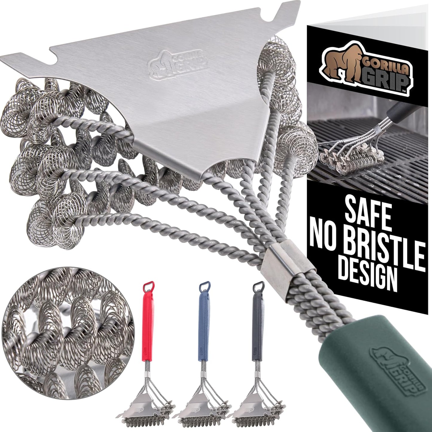 GORILLA GRIP Heavy Duty No Bristle Triple Helix Grill Brush with Scraper for Outdoor Grills, Safe Steam Cleaning, Oversized Comfortable Handle Grip with Bottle Opener, BBQ Tools, 17.5 Inch, Green