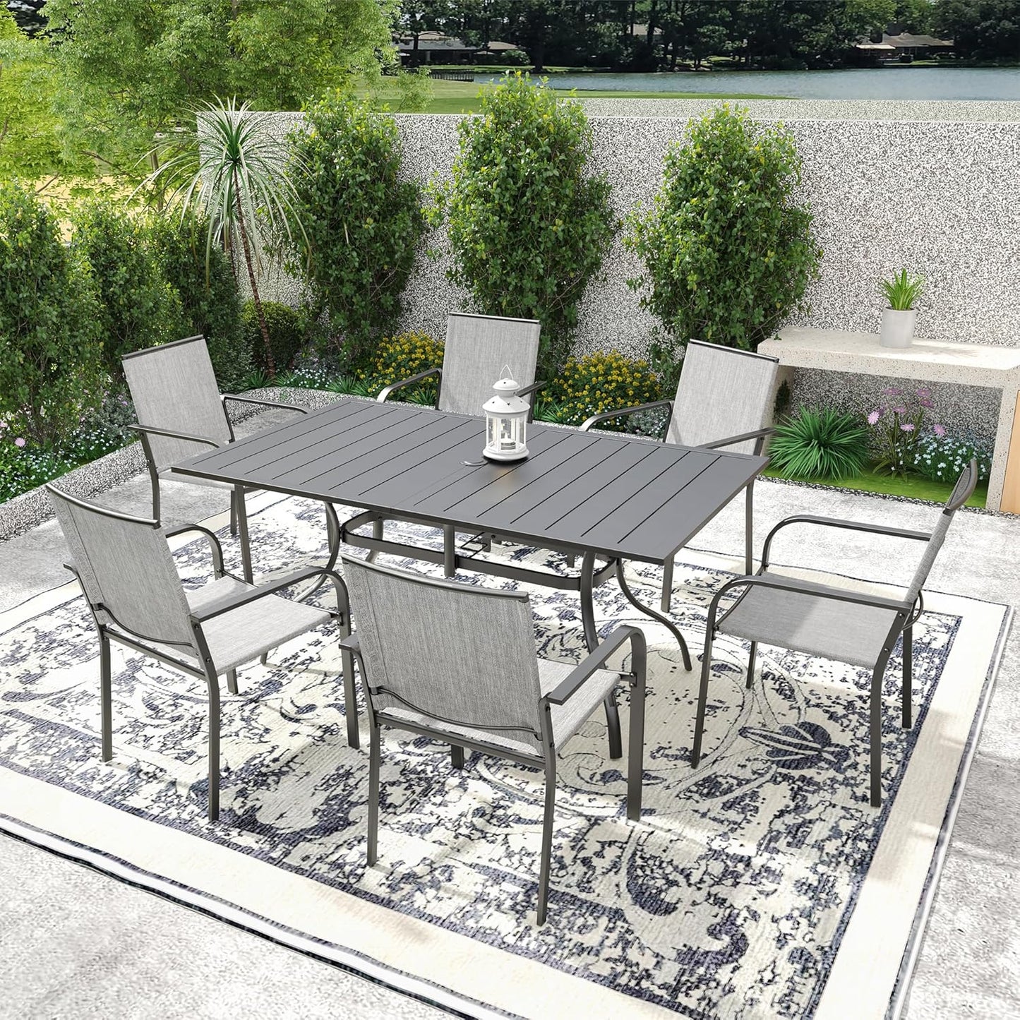 7-Piece Outdoor Patio Dining Set, 6 Stackable Patio Chairs & Rectangular Dining Table with All Weather Frame Furniture Set - Gray