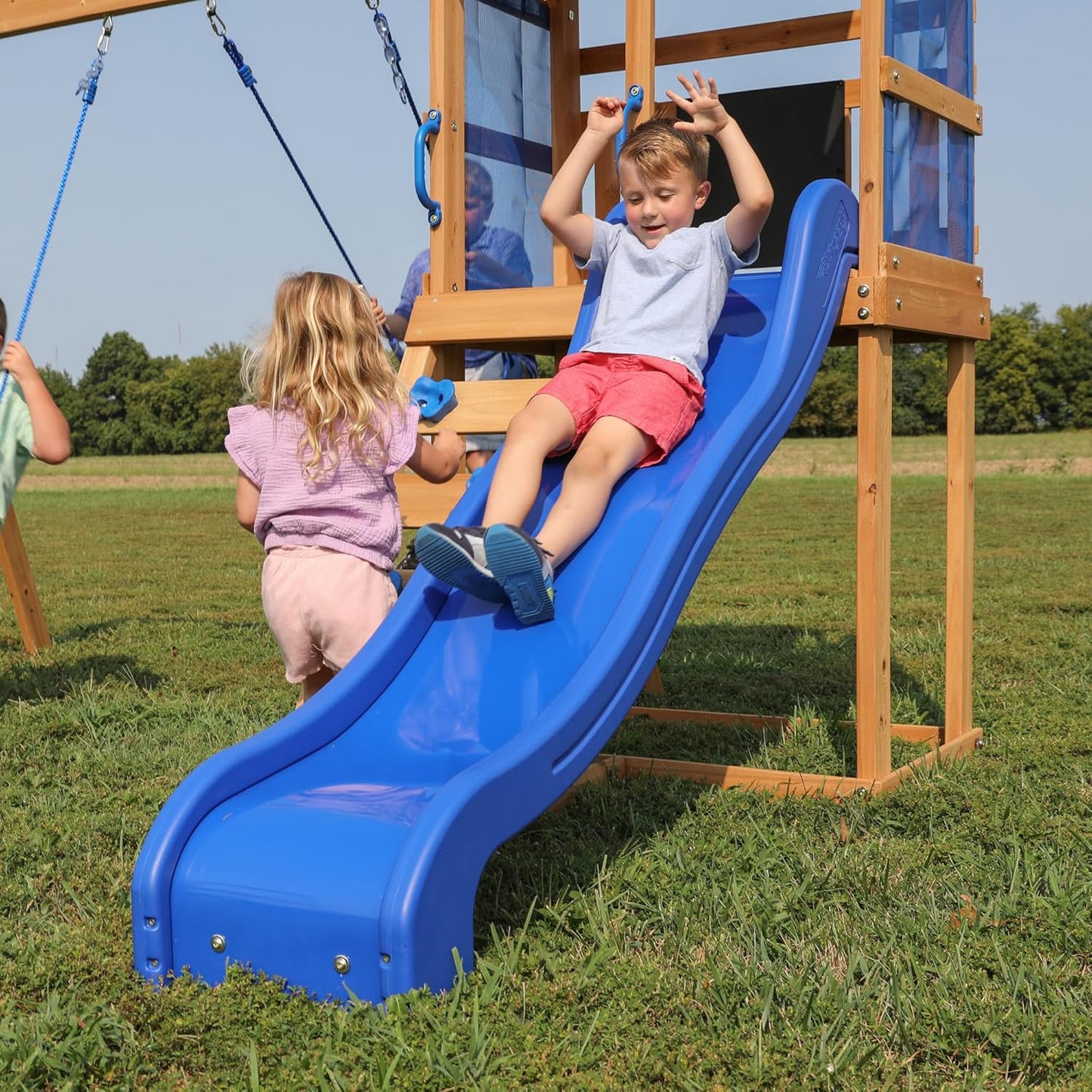 Backyard Discovery Bay Pointe Cedar Wood Swing Set with Wave Slide, Play Deck, Rock Wall Ladder, Belt Swings, Chalkboard, Canopy Roof, Outdoor Playset