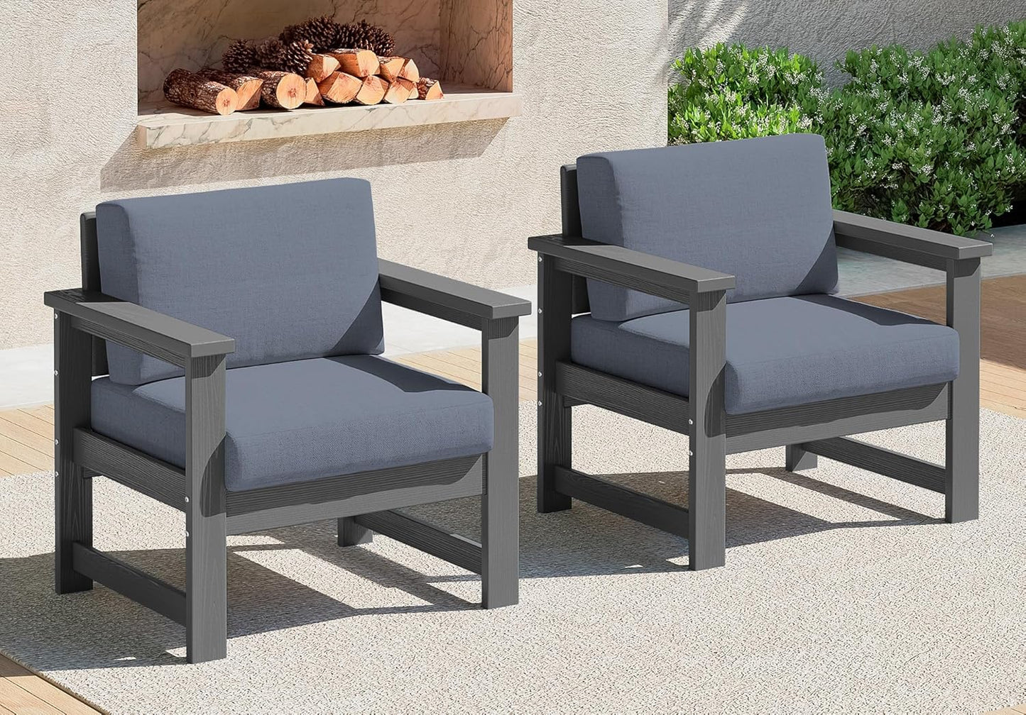 SERWALL 2 Pieces Single Cushioned Sofa Chair, Grey HDPE Outdoor Adirondack Lounge Armchair with Grey Cushion