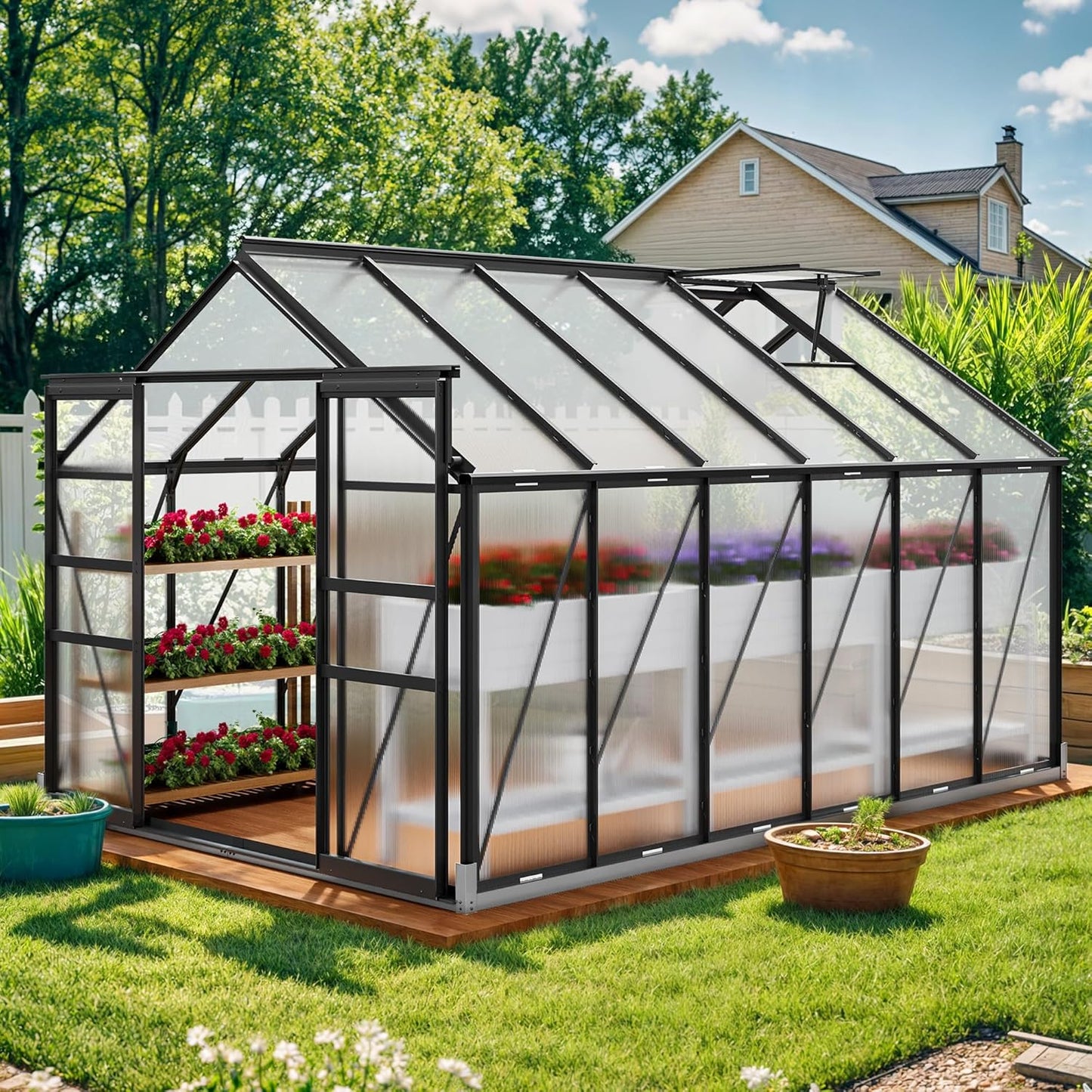 YITAHOME 10x8FT Polycarbonate Greenhouse Large Heavy Duty Green Houses Outdoor Aluminum Greenhouses with Sliding Doors Vent Window Walk-in Greenhouse for Garden Backyard, Black