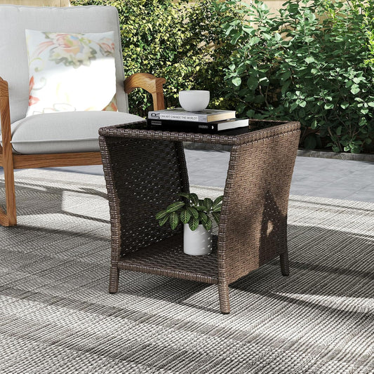 Outdoor Small Patio Table - PE Rattan Coffee Table, Wicker Side Table for Patio, Balcony & Porch, Durable & Iron Frame (1, Dark Brown)