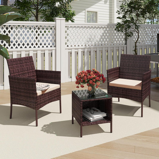 3 Piece Patio Furniture Set - Outdoor Conversation Sets with Coffee Table, Rattan Chair Set for Garden/Poolside, Brown/Grey