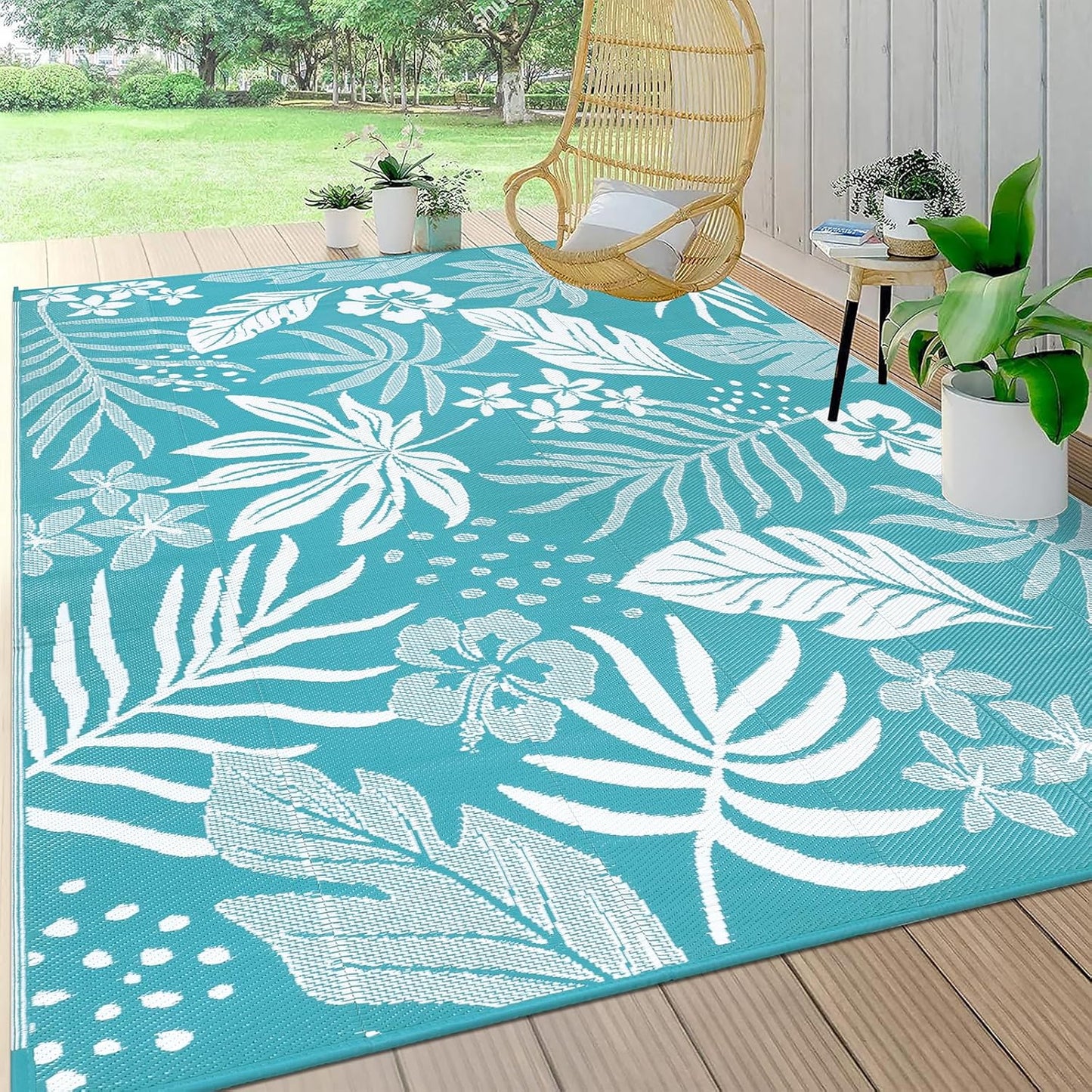 Pauwer Waterproof Outdoor Rug 9x12, Reversible Plastic Straw Patio Camping Rug, Indoor Outdoor RV Mat Carpet for Deck, Camper, Porch, Balcony, Backyard, Picnic, Floral Teal