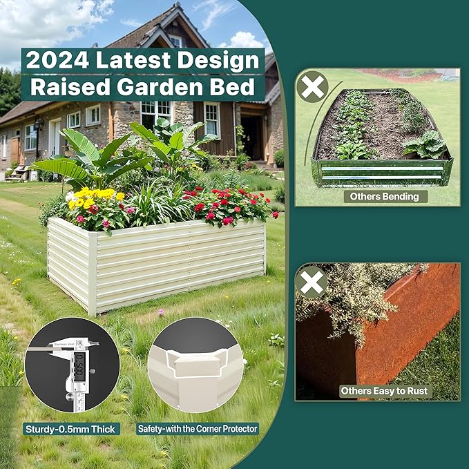 Raised Garden Bed 6x3x2ft, Galvanized Raised Garden Beds Outdoor for Vegetables Flowers Herbs, Steel Large Deep Planter Box, Tall Raised Garden Bed with 3ftx30ft Weed Barrier Fabric and Glove, Beige