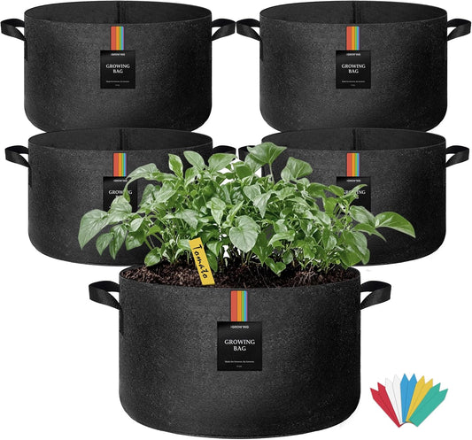 The Growing 5 Pack 10 Gallon Fabric Grow Bags，Thickened Aeration Nonwoven Fabric Plant Pots with Durable Handles,Heavy Duty 300G Planter Pot for Tomato, Fruits, Vegetables and Flowers, Black